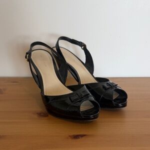 Ann Taylor Black Patent Peep-Toe Slingback Heels with Bow Detail